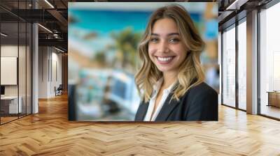 A Travel Agent female wearing professional attire, standing in front of a travel agency desk, smiling Wall mural