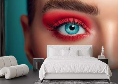 Beautiful macro shot of female blue eye make up with vibrant eyeshadows, in a studio light envoirment Wall mural