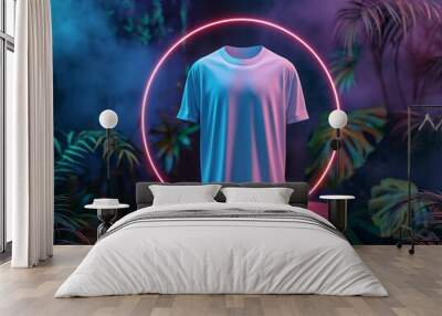 Blank white T-shirt mockup with neon circle light and tropical plants Wall mural