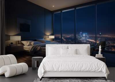 Modern bedroom with a panoramic city view Wall mural