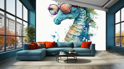 Watercolor Sea Horse with Sun Glasses Illustration Isolated on White Background. Colorful Digital Animal Art Wall mural