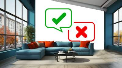 check mark sign in speech bubble square isolated on white, checkmark yes or no vote in speech box symbol, correct choice x or confirm and deny icon, cross or right for question, label talk ok and deny Wall mural