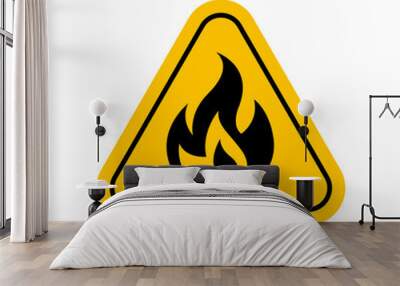 flammable materials warning sign, caution fire sign yellow, gas hazard symbol, attention fire hazard icon, triangle flame warning sign Wall mural