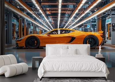 Orange Sports Car on an Assembly Line Wall mural