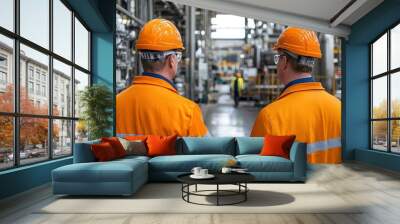 Two Industrial Workers in Hard Hats Looking at Something in a Factory Wall mural