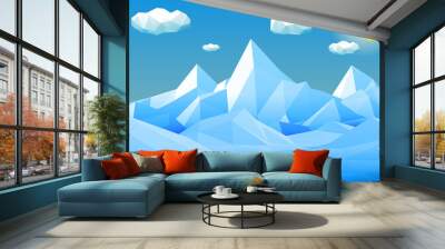 Abstract polygonal winter landscape with mountains, hills, clouds and sun. Modern geometric vector illustration. Wall mural