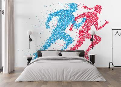 Abstract silhouette running man and woman of flying particles isolated on white background. Healthy lifestyle concept. Vector illustration. Wall mural