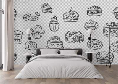 Big collection cartoon doodle funny silhouettes dessert bakery food. Set of hand drawn sketches cakes different variations isolated on transparent background. Vector sweets elements. Wall mural