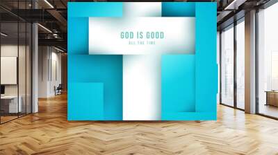 Christian cross in minimal trendy geometric paper cut style. Creative modern religious concept. Colorful vector illustration. Background for greeting card, banner, cover. Wall mural