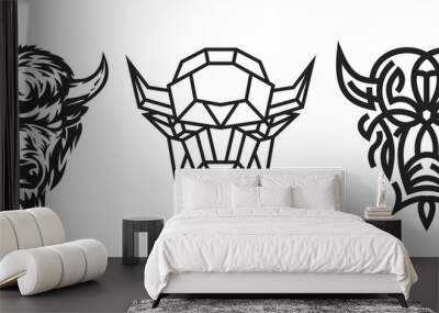 Collection silhouettes of buffalo head in monochrome different styles isolated on white background. Modern graphic design element for label, print or poster. Vector art illustration. Wall mural