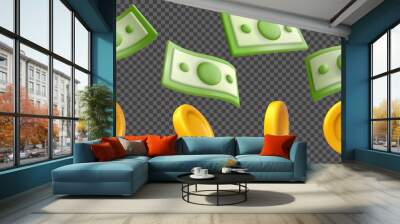 Collection sweet glossy money elements. Set cartoon 3d plastic banknote and coin isolated on transparent background. Realistic symbol or icon. Vector illustration for game, banking, finance business. Wall mural