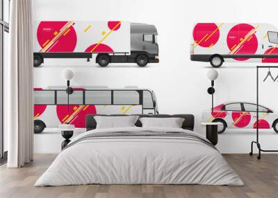 Design branding vehicles for advertising and corporate identity. Mock up for transport. Passenger car, bus and van. Graphics elements with modern geometric style. Wall mural