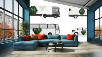 Design branding vehicles for advertising and corporate identity. Mock up for transport. Passenger car, bus and van. Graphics elements with modern geometric style. Wall mural