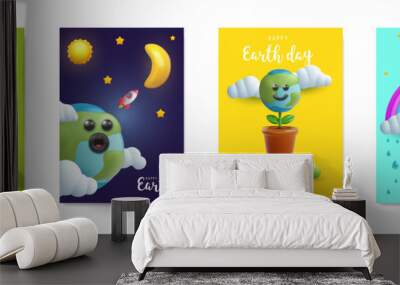 Earth day vector illustration in cartoon 3d style. Set realistic funny concept design for cover, poster, card, flyer. Bright minimal child composition art. Wall mural