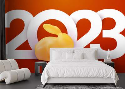 Happy chinese new year concept design. 3d cartoon golden rabbit with number 2023. Modern creative festive composition. Miminalistic vector illustration. Background template for card, cover, poster. Wall mural