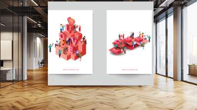 Happy valentine's day beautiful design template. Minimal composition in 3d isometric view. Set holiday background for branding greeting card, banner, cover, flyer or poster. Vector illustration. Wall mural