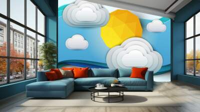 Paper cut cartoon sky with clouds, sun and blue waves in realistic trendy craft style. Modern origami design. World environment day concept greeting card, banner. Vector illustration. Wall mural