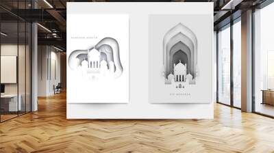 Ramadan kareem islamic beautiful design template. Minimal composition in paper cut style. Set holiday background for branding greeting card, banner, cover, flyer or poster. Vector illustration. Wall mural