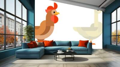 Set abstract geometric birds in modern fashion minimal art style. Chicken, rooster, goose, pigeon. Cartoon bright concept design. Decorative bauhaus composition. Creative vector flat illustration. Wall mural