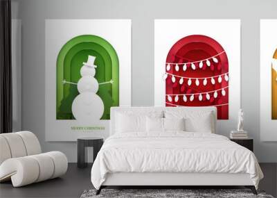 Set background for covers, invitations, posters, banners, flyers, placards. Minimal template design for branding, advertising with winter christmas composition in paper cut style. Vector illustration. Wall mural