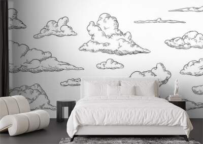 Set of clouds in hand drawn vintage retro style isolated on white background. Cartoon design elements. Vector illustration. Wall mural