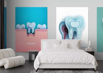 Set of dental concept covers for flyer, poster, banner in modern minimal style. Collection composition of background for design branding clinic, hospital. Geometric paper art vector illustration. Wall mural