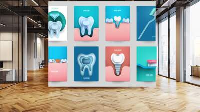 Set of dental concept covers for flyer, poster, banner in modern minimal style. Collection composition of background for design branding clinic, hospital. Geometric paper art vector illustration. Wall mural