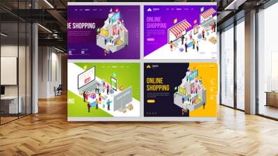 Set of design web site, landing page or presentation template. Minimal modern concept for online shopping, e-commerce market. Isometric vector illustration. Wall mural