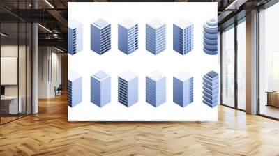 Set of isometric 3d data center, hosting or server boxes isolated on white background. Digital technology conceptual elements. Vector illustration. Wall mural