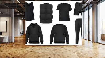 Set of vector realistic black t-shirt, sweatshirt, hoodie, vest, shorts, pants base cloth isolated on white background. 3d mockup for branding or fashion. Collection design casual template. Wall mural