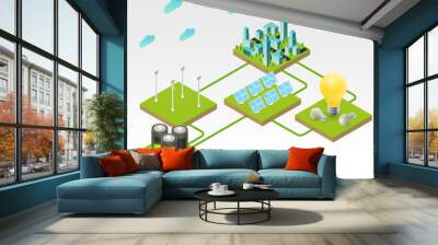 Solar panels, wind turbines with city buildings on green ground or island. Concept of alternative ecology energy sources. Flat 3d isometric cartoon composition. Abstract minimalistic illustration. Wall mural