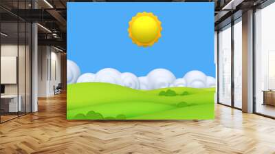 Stylized funny cartoon green summer landscape with trees, sun and clouds. Bright design composition panorama. Children clay, plastic or soft toy. Colorful 3d illustration. Wall mural