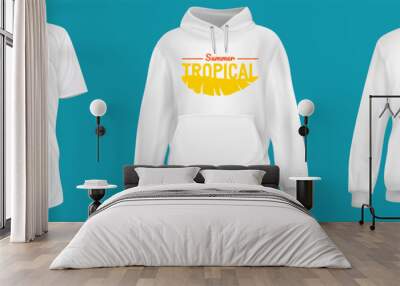 Tropical leaf print. Set realistic t-shirt, sweatshirt, hoodie base cloth isolated on simple background. Mockup for branding man or woman fashion. Design casual template. 3d vector illustration. Wall mural