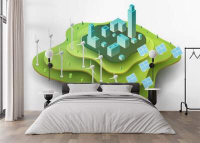 Wind turbines and solar panels on green island with with city houses and skyscraper. Concept of alternative ecology energy sources. Flat 3d isometric cartoon composition. Abstract illustration. Wall mural