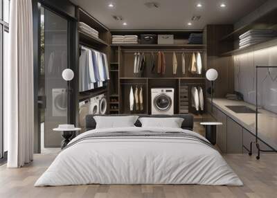 A bright laundry room featuring a modern washer and dryer against a clean wall.  Neatly organized laundry space with a washer and dryer side by side.   Wall mural