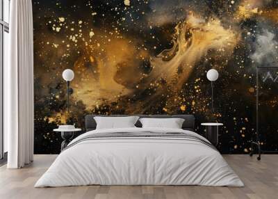 Background gold movement. Universe gold dust with stars on black background Wall mural