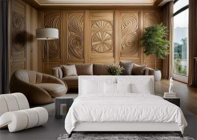 modern living interior design, beautiful sofa and many new styles pillows, art frame, on living room. Wall mural