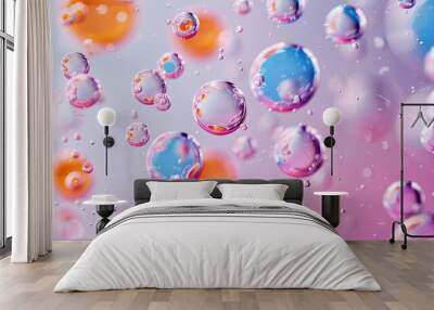 Detailed view of floating bubbles in pink, orange, blue, and violet against a clear background. Wall mural