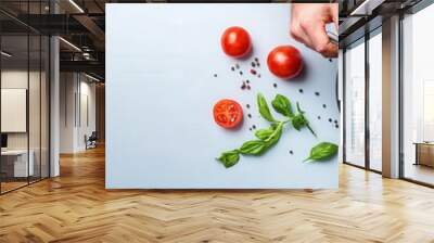 A chef serves a vibrant vegetable dish from a pot, surrounded by fresh ingredients. Perfect for showcasing cooking, healthy meal prep, and culinary skills. Wall mural