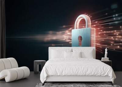 A digital lock with data streams flowing through, symbolizing secure data exchange. Wall mural