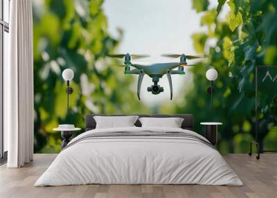 A drone flying over a vineyard, collecting data on grape ripeness Wall mural