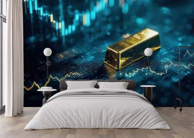 A gold bar with a shadow that represents a graph showing rising prices Wall mural