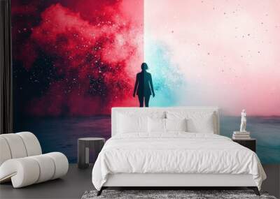 A person mid-teleportation, half in one place, half in another Wall mural