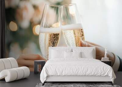 A romantic moment capturing two hands clinking champagne flutes in celebration. The soft bokeh background creates a warm and festive atmosphere, perfect for joyful occasions. Wall mural