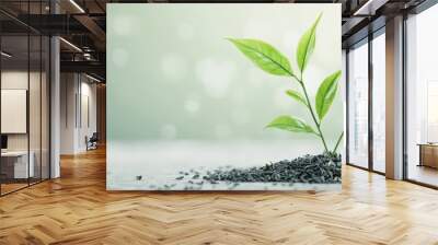 A vibrant green plant emerges from a mound of soil, symbolizing growth and renewal against a soft, blurred background, evoking feelings of peace and nature. Wall mural