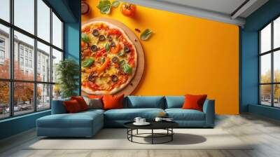 A vibrant pizza topped with cheese, olives, peppers, and basil on a wooden board. Perfect for cooking enthusiasts and food lovers. Bright yellow background adds cheerful energy. Wall mural