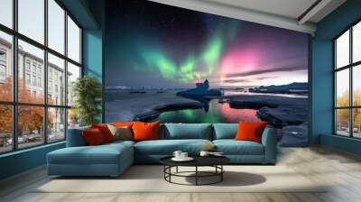 Aurora Australis or Aurora Borealis with a reflective ice field Wall mural