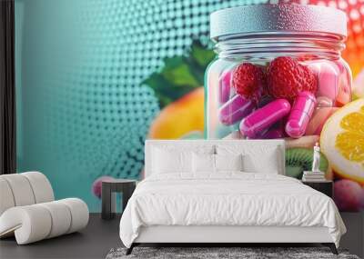 Biotin supplements in a glass jar with fresh fruits and vegetables in the background Wall mural