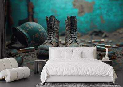 Boots, firearm, and helmet of a soldier set up in a memorial exhibit Wall mural