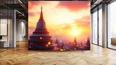 Captivating sunset view showcasing a stunning temple with pagodas in silhouette. A serene and peaceful atmosphere filled with warm colors and soft light. Wall mural